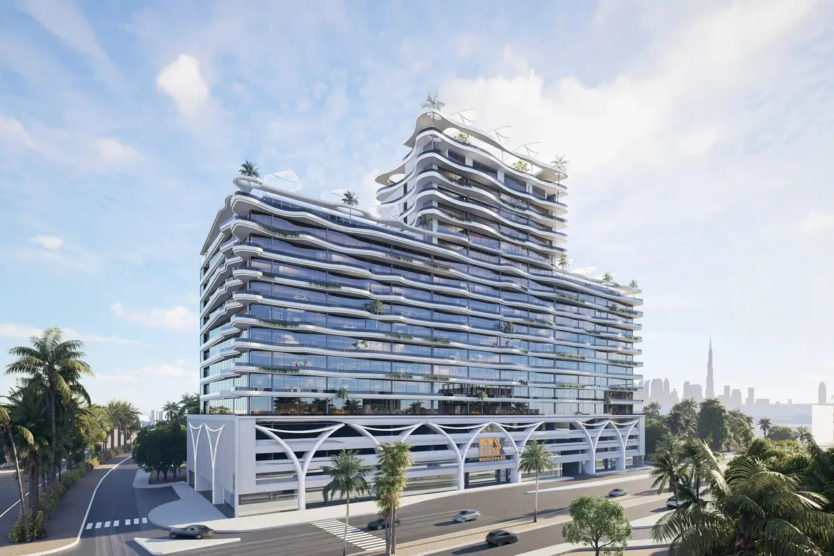 Visualisation of 311 Boulevard: a curved residential tower with continuous horizontal balcony bands
