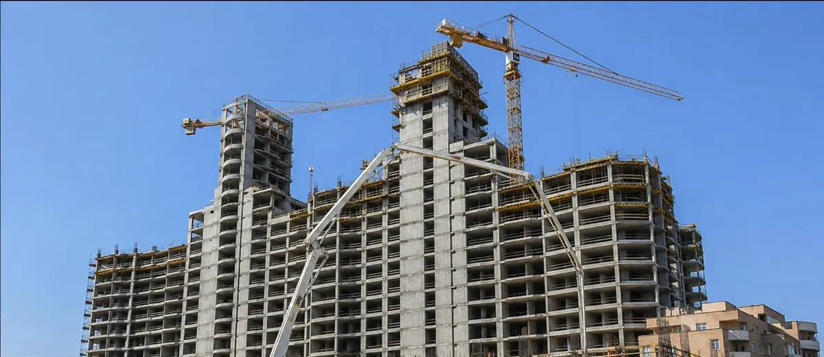 Parohod Residential Complex under construction: a reinforced concrete frame with two tower cranes and concrete pump booms against a blue sky